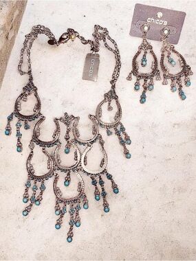 NWT Retired Chicos Necklace and Earrings with faux pearl & turquoise Beads